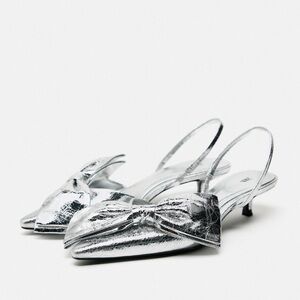 Zara Bow Trim Metallic Kitten Heels